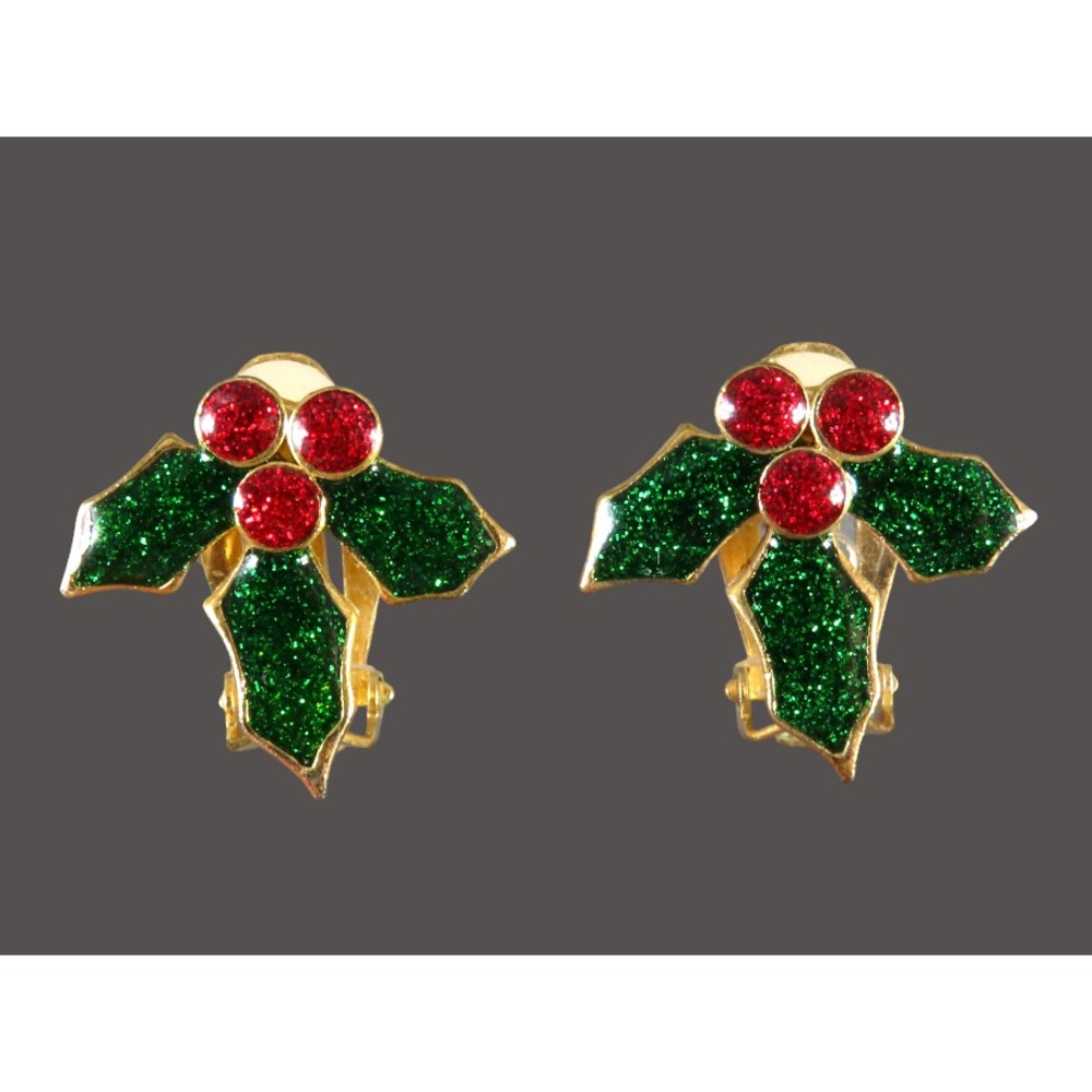 Vintage CLIP ON CHRISTMAS EARRINGS Gold Tone GREEN RED HOLLY BERRIES Glitter!